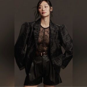 Anthropologie Tulle Overlay Plaid Blazer Women's M Navy Black Holiday Party NEW